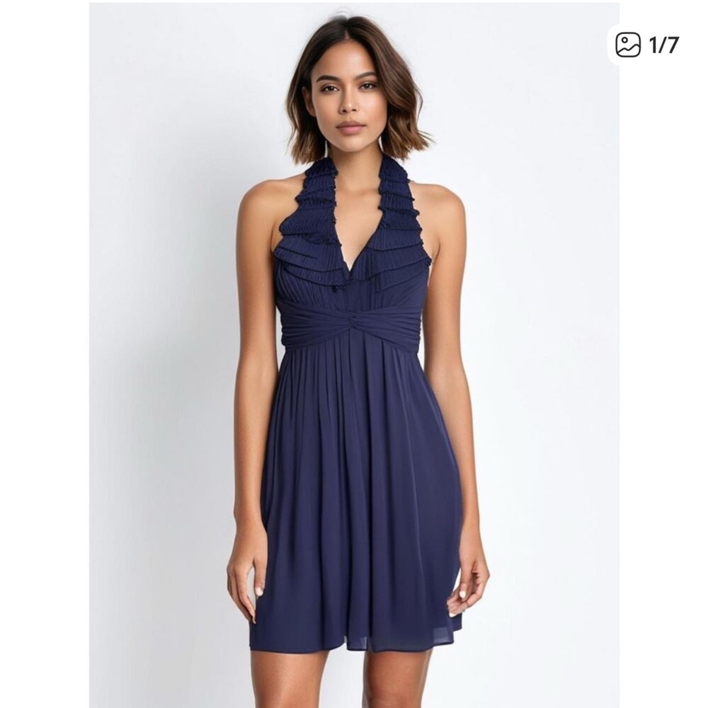 Max and Cleo ruffle halter navy chiffon cocktail dress size 10 EUC vintage y2k